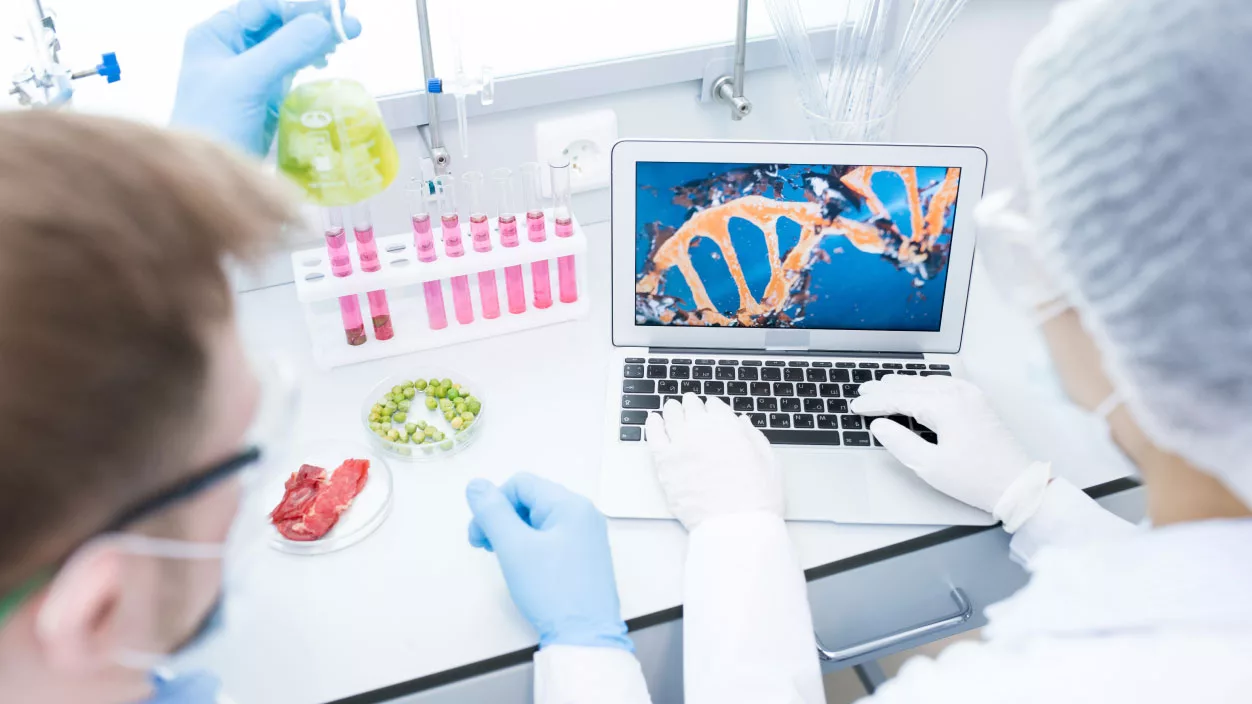 científicos analizando el ADN de alimentos